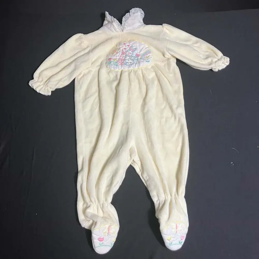 Vintage Yellow Velour Baby Footed Sleeper with Embroidered Easter Bunnies